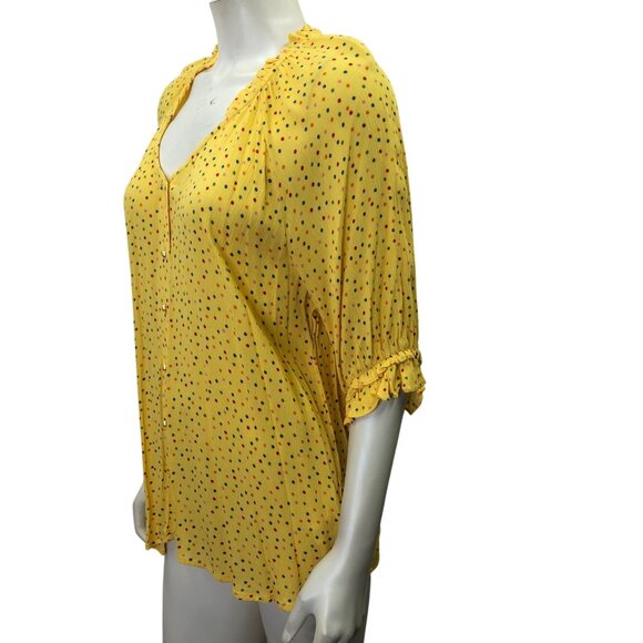 Bobeau Yellow Polka Dot Boho-Chic Button-Up Blouse Ruffle Sleeves Womens L NWT - Picture 4 of 6